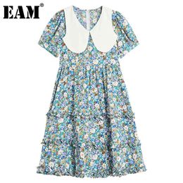 [EAM] Women Blue Printed Pleated Ruffles Dress Peter Pan Neck Short Sleeve Loose Fit Fashion Spring Summer 1DD8369 21512