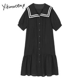 Yitimuceng Flounced Edge Dresses Women Solid Black Spring Sailor Collar Short Sleeve High Waist Single Breasted Office Lady 210601