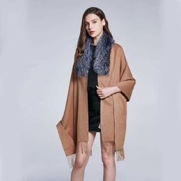 Women's Winter Wild Scarf Leather Wool Shawl Fox Fur Coat Shawl Cashmere Warm Pure Color Fox Fur Collar New Warmth Party H0923