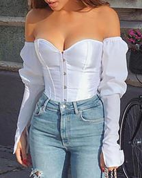Women Solid Off Shoulder Long Sleeve Slit Cuff Blouse Casual Shirts And Blouses Lady Sexy Party Top Femme Blusas vestidos 210415