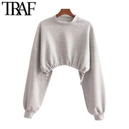 TRAF Women Fashion With Drawstring Oversized Cropped Sweatshirts Vintage Lantern Sleeve Female Pullovers Chic Tops 210415