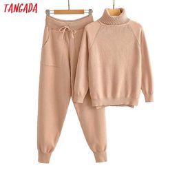 Tangada women's set solid turtleneck sweater jumper pants autumn winter suit 2 piece and AI50 210930