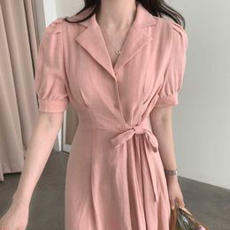 Summer Retro Slim Waist Lace Up Notched Puff Short Sleeve Cotton and Linen Dress Women Pink Temperament Vestido Feminino Sweet 210610