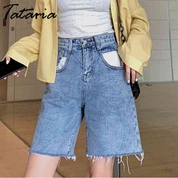 Tataria High Waist Knee-length Jeans for Women Loose Wide-Leg Shorts Vintage Casual Harem Washed Jean 210514