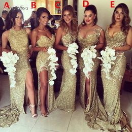 champagne floor length bridesmaid dresses UK - 2022 Sparkly Bling Gold Sequined Mermaid Bridesmaid Dresses Backless Slit Plus Size Maid Of The Honor Gowns Wedding Dress BO8128 B0313