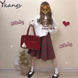 Japanese Harajuku Women 2Pcs Suit Kawaii Cute Strawberry Printed Sweatshirt+Red Plaid skirt Autumn Pullovers Tops Pleated 210421