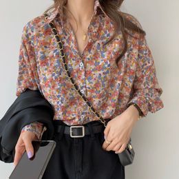 Florals Full Sleeves Brief Sweet Outwear Printed Flowers Lapel Summer Chiffon Girls Femme Gentle OL Casual Shirts 210421