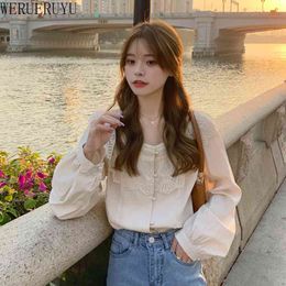 WERUERUYU Retro Womens Long Puff Sleeve Blouse Shirts Spring Fall Solid Fashion Elegant Blouses and Tops Female Clothes 210608