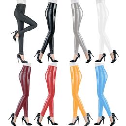 Womens PU Leather Pants High Elastic Waist Leggings Not Crack Slim Fleece Trousers Women Fashion F80 211215