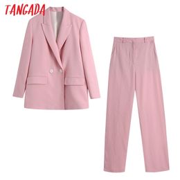 Women's Pink Casual Suit 2 Piece Set Female Notched Collar Jacket Ladies Blazer Pants Sets BE652 210416