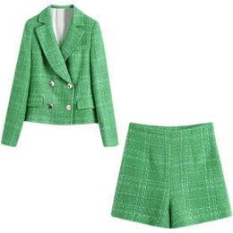 High Quality Ladies Suit Shorts Office 2-piece Set Spring and Autumn Plaid Green Elegant Long-sleeved Jacket Slim 210527