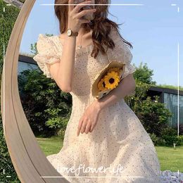 Summer Floral Design Sweet Dress Short Sleeve Chiffon Elegant Dress Korean Style Square Collar Party Dress for Female Dot 210521