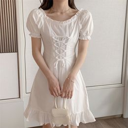 Summer Retro Stitching Wood Ears Lace Cross Lacing Up Short Sleeve Dress for Woman White Casual Mini Dresses 210519