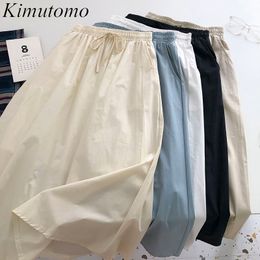 Kimutomo Solid Bow Lace Up Skirt Women Summer Fashion Ladies Simple Gentle High Waist Elastic A-line Skirt Elegant 210521