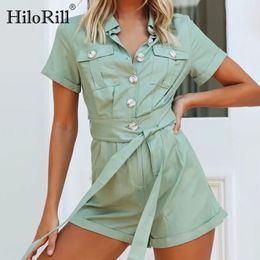 Mode Green Cargo Overall Frauen Sommer Kurzarm Overall Strampler mit Gürtel Drehen Unten Kragen Baumwolle Shorts Bodysuit 210508