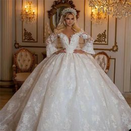 Lace Appliques Wedding Dress Flared Long Sleeves Bridal Gowns Sequins Sweetheart Floor Length Elegant Robe de mariee