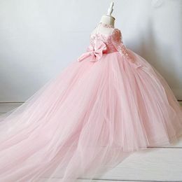 Lovely Fashionable Pink Lace Beaded Ball Gown Flower Girl Dresses Jewel Sheer Neck Long Sleeves Lilttle Kids Birthday Pageant Weddding Gowns Custom Made