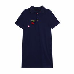 Navy Turn Down Collar Polo Shirt Dress Pocket Short Mini 3D Cherry Flower D1326 210514