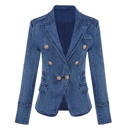 HIGH QUALITY New Fashion 2021 Designer Blazer Women's Metal Lion Buttons Double Breasted Denim Blazer Jacket Outer Coat X0721