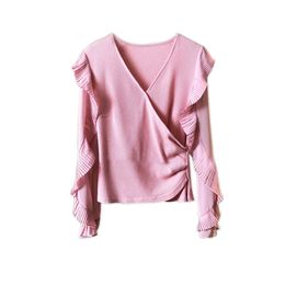Spring Autumn Slim Ruffles Patchwork Lace V-neck Solid Knitwear Women Tops 210615
