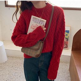 5Colors womens knitted Sweater Autumn and winter loose korean style female Twist warm Red Sweaters and pullovers womens (X1712) 210423