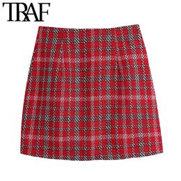 TRAF Women Chic Fashion Office Wear Cheque Tweed Mini Skirt Vintage High Waist Back Zipper Female Skirts Mujer 210415