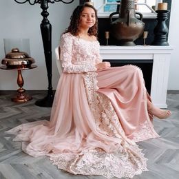 Elegant Pink Dubai Evening Dress With Long Sleeve Kaftan Morrocan Formal Party Dresses Muslim Prom Gown 2021 Lace Robe De Soirée Mariage Formales Vestidos Fiesta