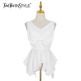 Elegant Irregular Bowknot Women Shirt V Neck Tank Sleeveless High Waist Tunic Blouse Female Clothes Summer 210524