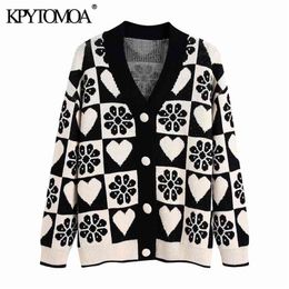 KPYTOMOA Women Fashion Jacquard Loose Knit Cardigan Sweater Vintage Long Sleeve Covered Buttons Female Outerwear Chic Tops 210914