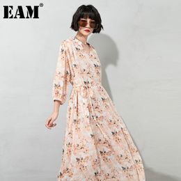 [EAM] Women Big Size Holiday Printed Sashes Mid-Calf Dress V-NeckThree Quarter Sleeve Loose Fashion Spring Summer 1DD8092 21512