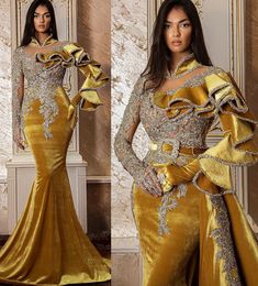 2022 Plus Tamanho Árabe ASO EBI Gold Luxuoso Sereia Vestidos De Prom Vestidos De Laço Cristais Frisados ​​Noite Formal Party Segundo Recepção Aniversário Vestidos de Noivado Vestido