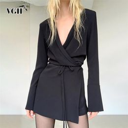 Black Elegant Dress For Women Notched Long Sleeve High Waist Lace Up Slim A Line Fashion Mini Dresses Female Spring 210531