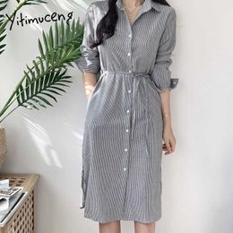 Yitimuceng striped Shirt Dresses for Women Bandage Button Up Midi Dress Long Sleeve High Waist Spring Summer Korean Fashion 210601