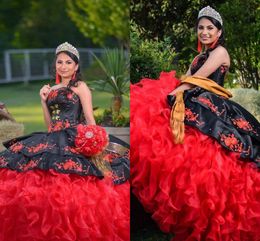 2021 Stunning Black Red Sweet 16 Dresses Prom Ball Gowns Embroidered Beaded Organza Ruffles Strapless Corset Back Vestidos De Quinceanera Dress