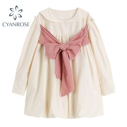 Chest Spliced Bowknot Fluffy Dress Women Puff Long Sleeve Retro Sweet Short Vestidos Female Sailor Collar Lady Mini 210515