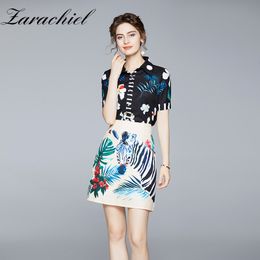 Fashion Designer Suit Women Elegant Floral Sleeve Shirts Blouses + Zebra Print Short Skirt Two Piece Set 210416