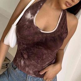 Sexy Off Shoulder Top Ladies 2021 Club Party Outfits Sheath Tie Dye Print SleevelBare Back Sexi Women Summer Crop Top X0507