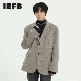 IEFB Men's Wear Suit Coat Khaki Plaid Pattern Notched Collar Long Sleeve Single Breasted Back Split Blazers Famale 9Y5141 210524