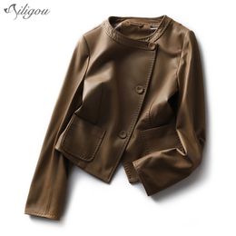 Summer Solid Colour Faux Leather Jacket Female Fashion Pu Ladies With Button Coat Long Sleeve O-Neck Top 210525