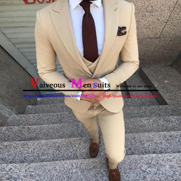 beige prom suits for men UK - Men's Suits & Blazers Beige Business Mens With Notched Lapel 3 Piece Formal Wedding Groomsmen Tuxedo For Prom Male Fashion Set Jacket Pants