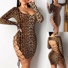 -Casual Dresses 2021 Frauen Sexy Leopard Minikleid Langarm Oansatz Backless Dünne Dehnung Kurze Aushöhlen Nachtclub Sex Tragen