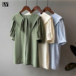 LY VAREY LIN Summer Women Vintage Loose Single Breasted Solid Color Fashion Shirts Casual Sailor Collar Puff Sleeve Female Tops 210526