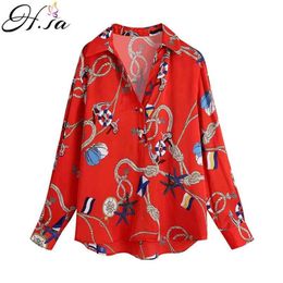 HSA Women Fashion Printing Red Blouse Female Turn Down Collar Long Sleeve Shirt Casual Lady Loose Chain Tops Blusas 210430