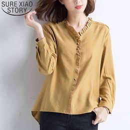 Korean Fashion Clothing Ladies Long Sleeve Button Solid Harajuku V-neck Womens And Blouse Plus Size Tops 6325 50 210415