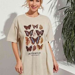 1pcs Butterfly Tees Cute Tees Same Butterfly Spring and Summer Loose American Retro Milk Tea Short Sleeve T-shirt for Women Top 210518