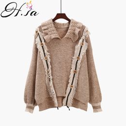 H.SA Women Sweater and Pullovers Turtleneck Turn down Collar Pull Sweaters Tassel Knit Jumpers Winter Clothes Button Tops 210417