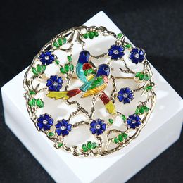 Pins, Brooches Enamel Birds Flower Brooch Pin Women's Hat Scarf Clothes Lapel Decor Accessories Couples Gifts Luxury Rhinestone Badge