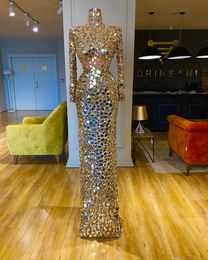 Dubai Muslim Shiny Gold Prom 2022 High Neck Plus Size Long Mermaid Formal Evening Dresses Robe De Soiree 322