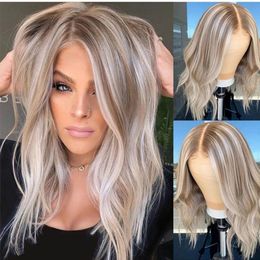 Ombre Wig Highlights Ash Platinum BlondeHD Transparent Full Lace Wavy 13x6 Lace Front Human Hair Wigs Pre Plucked Straight 30Inch