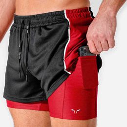 New Fake 2 in 1 Mens Running Shorts Summer Fitness Shorts Man Mesh Breathable Casual Short Pants Men Gym Training Sport Shorts H1210